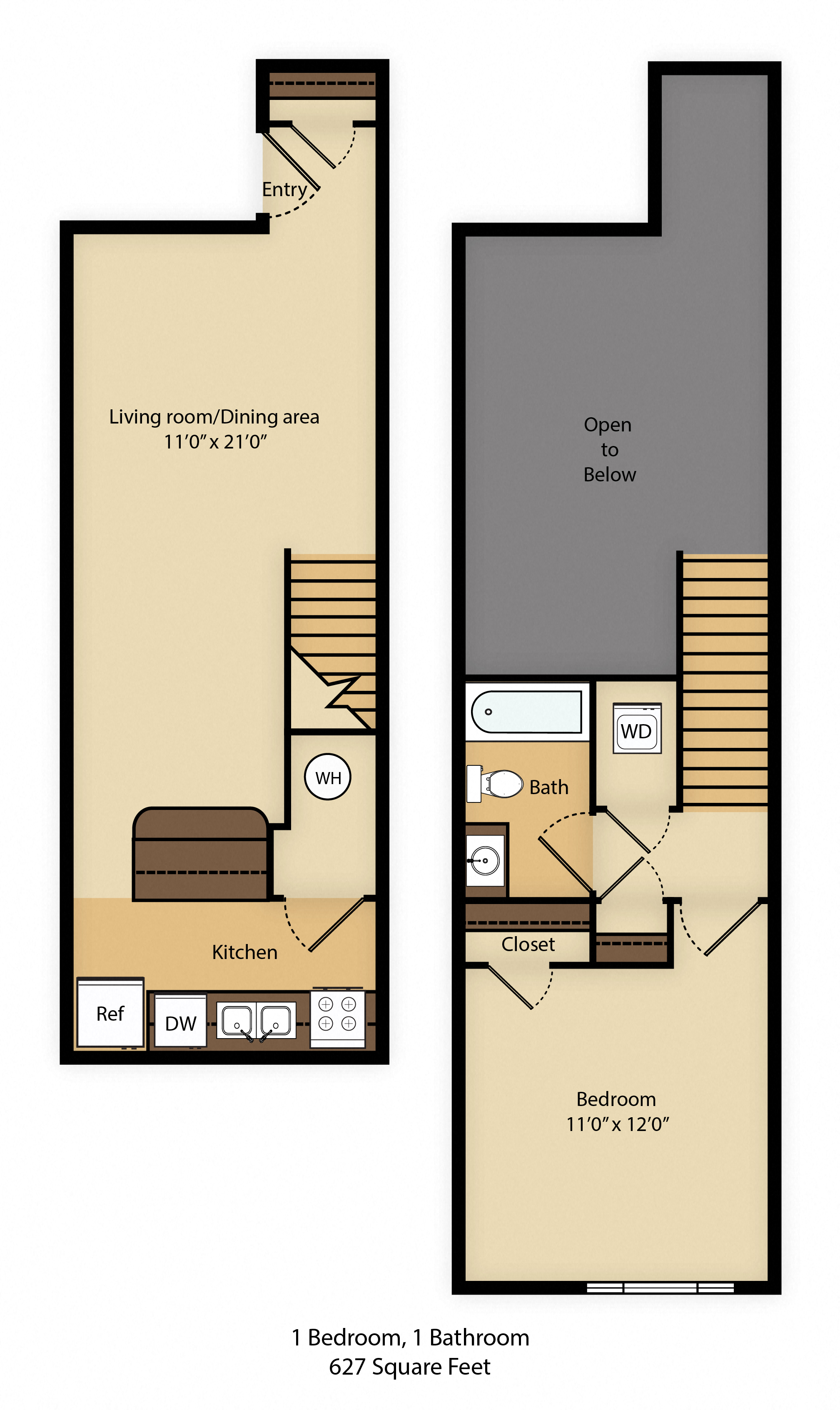 Floor plan for 1 bed, 1 bath, 627 sqft